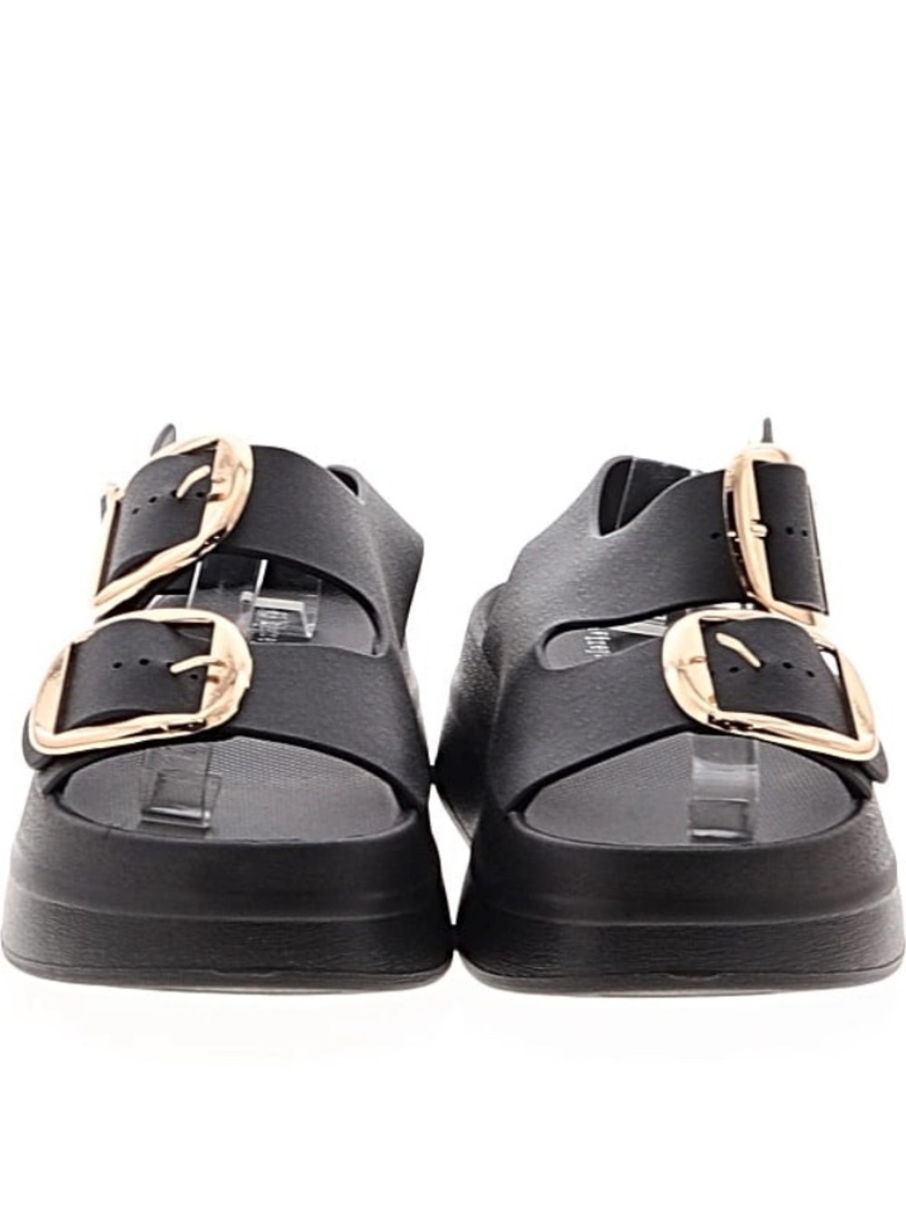 Jeffrey Campbell Black Slide Sandals with Gold Buckles